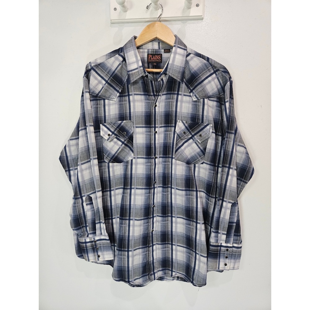 Plains Western Wear Mens XL Blue Plaid Pearl Snap Long Sleeve Western Shirt